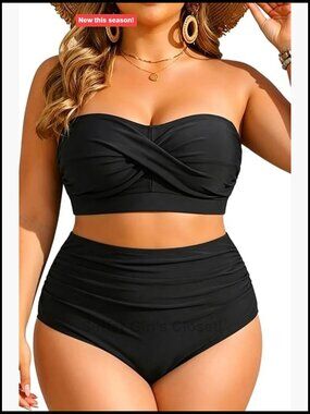 Plus Size Two Piece Bandeau Bikini High Waisted Tummy Control Swimwear